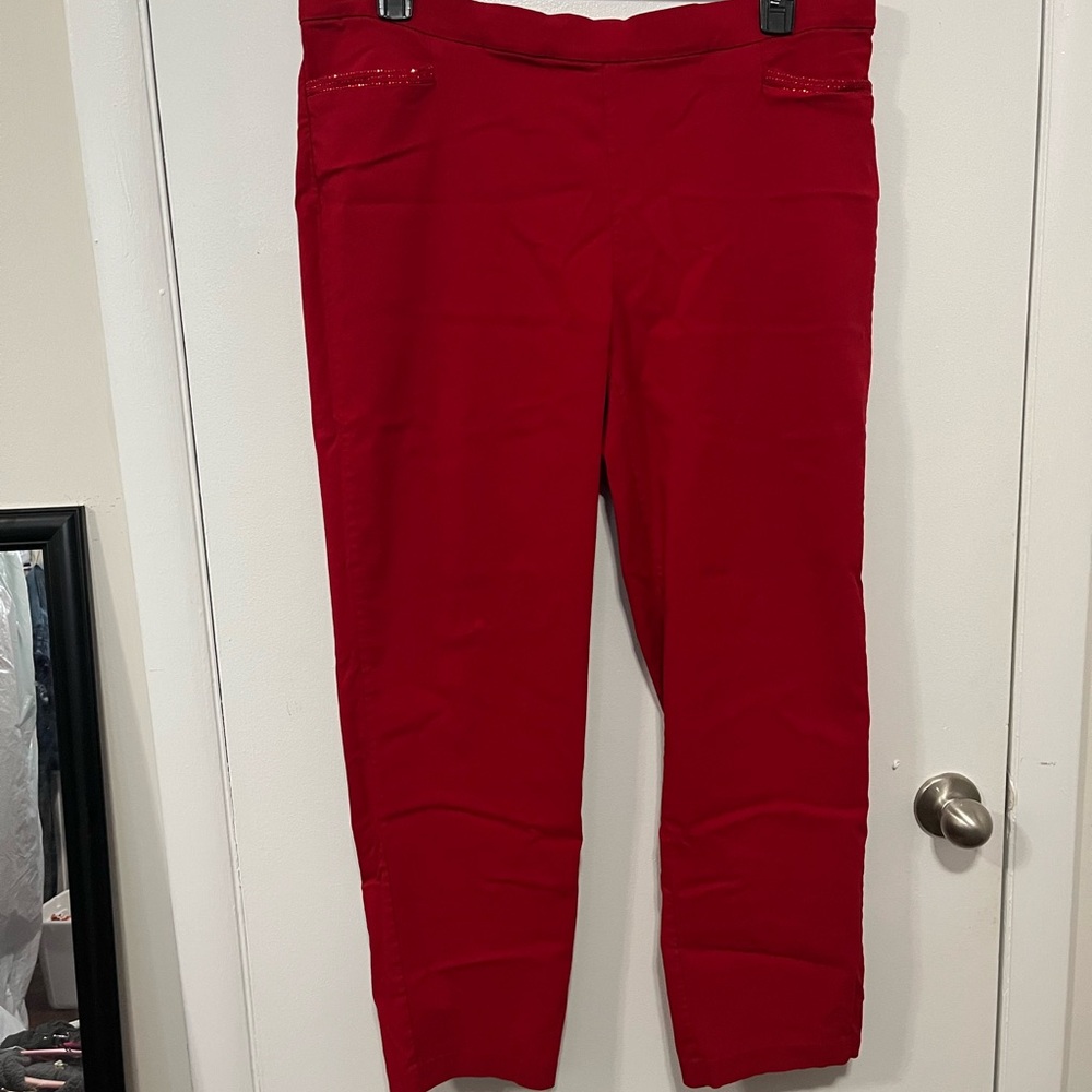 Vibrant Red Pants and Red Lace Blouse